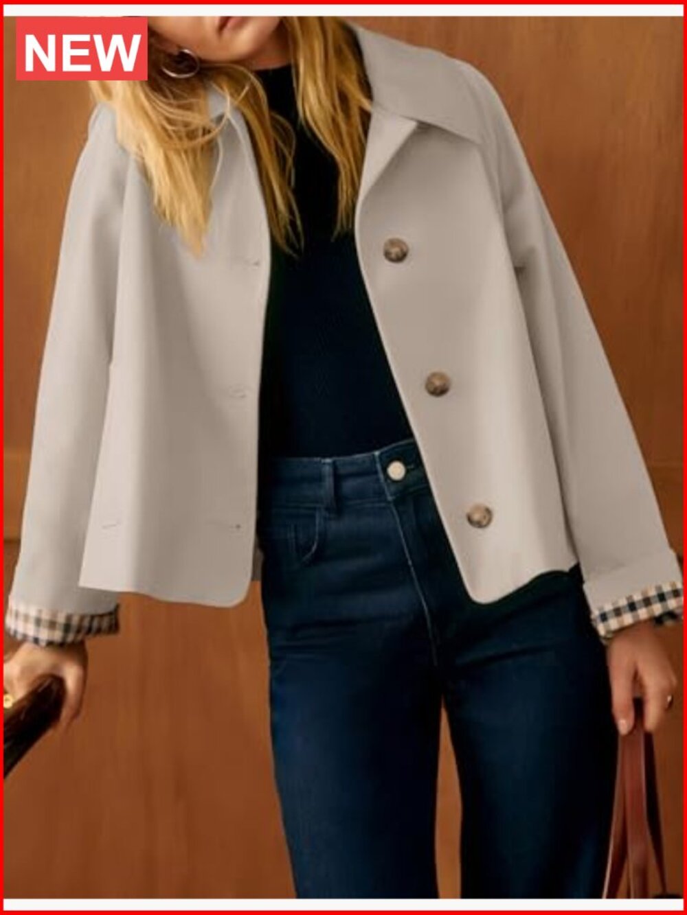 Lightweight Trench Jacket with Plaid Lining Button Front Casual Outerwear - Picture 2 of 7